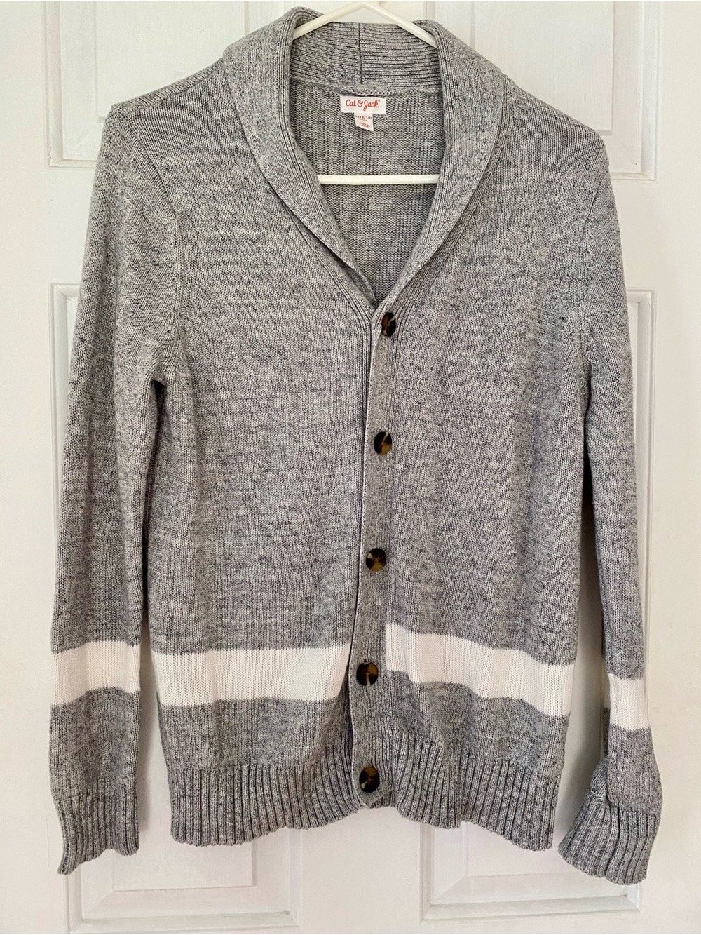 Cat & Jack Gray Shawl-Collar Cardigan with White Stripe (Fits like a size Small)